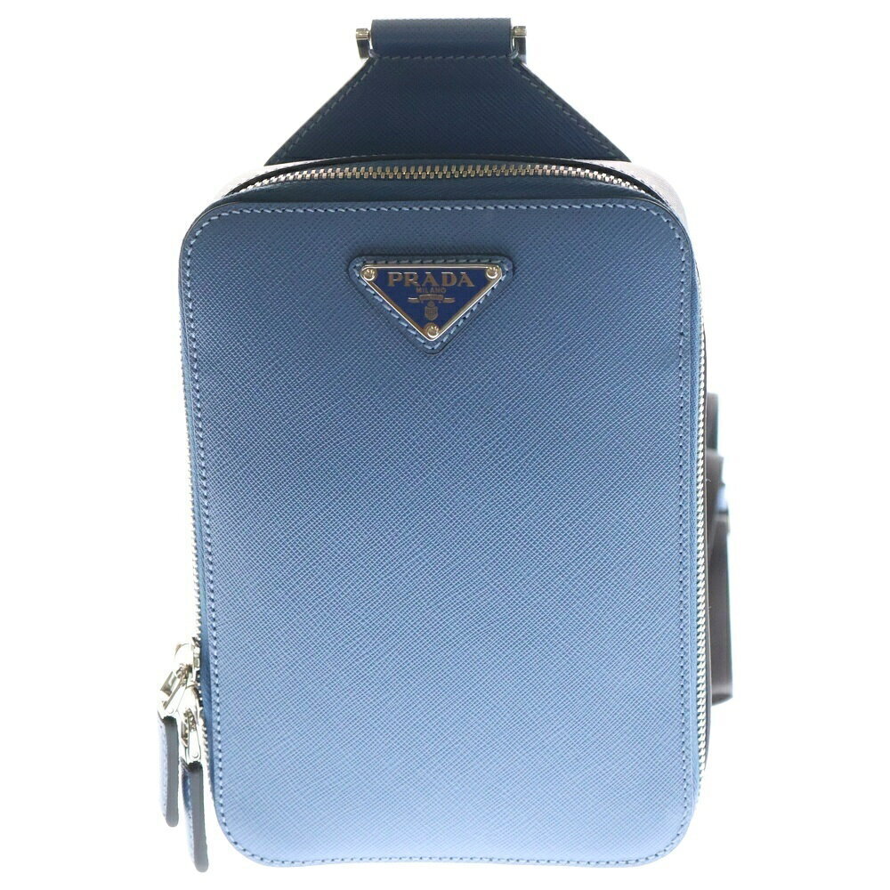 PRADA Metal Plate Saffiano Body Bum Crossbody Belt Shoulder Bag Blue